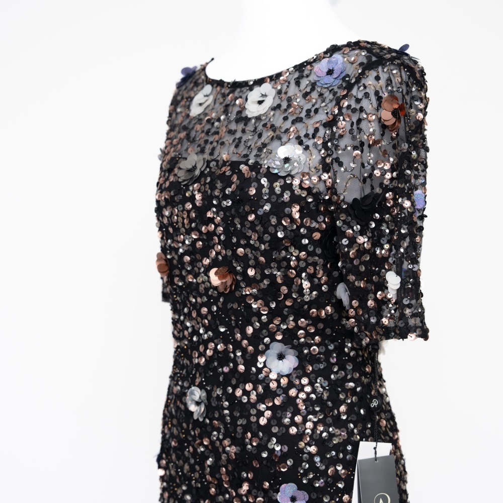 Adrianna Papell | Hand Beaded 3d Floral Illusion Short Sheath Cocktail Dress - Picture 9 of 10
